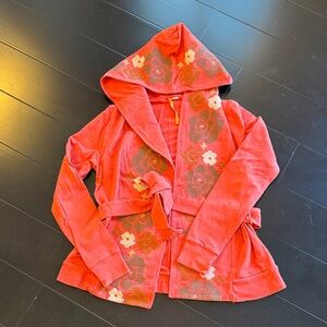 Anthropologie Hooded Cardigan |Orange with Needlepoint Floral Designs | size XS